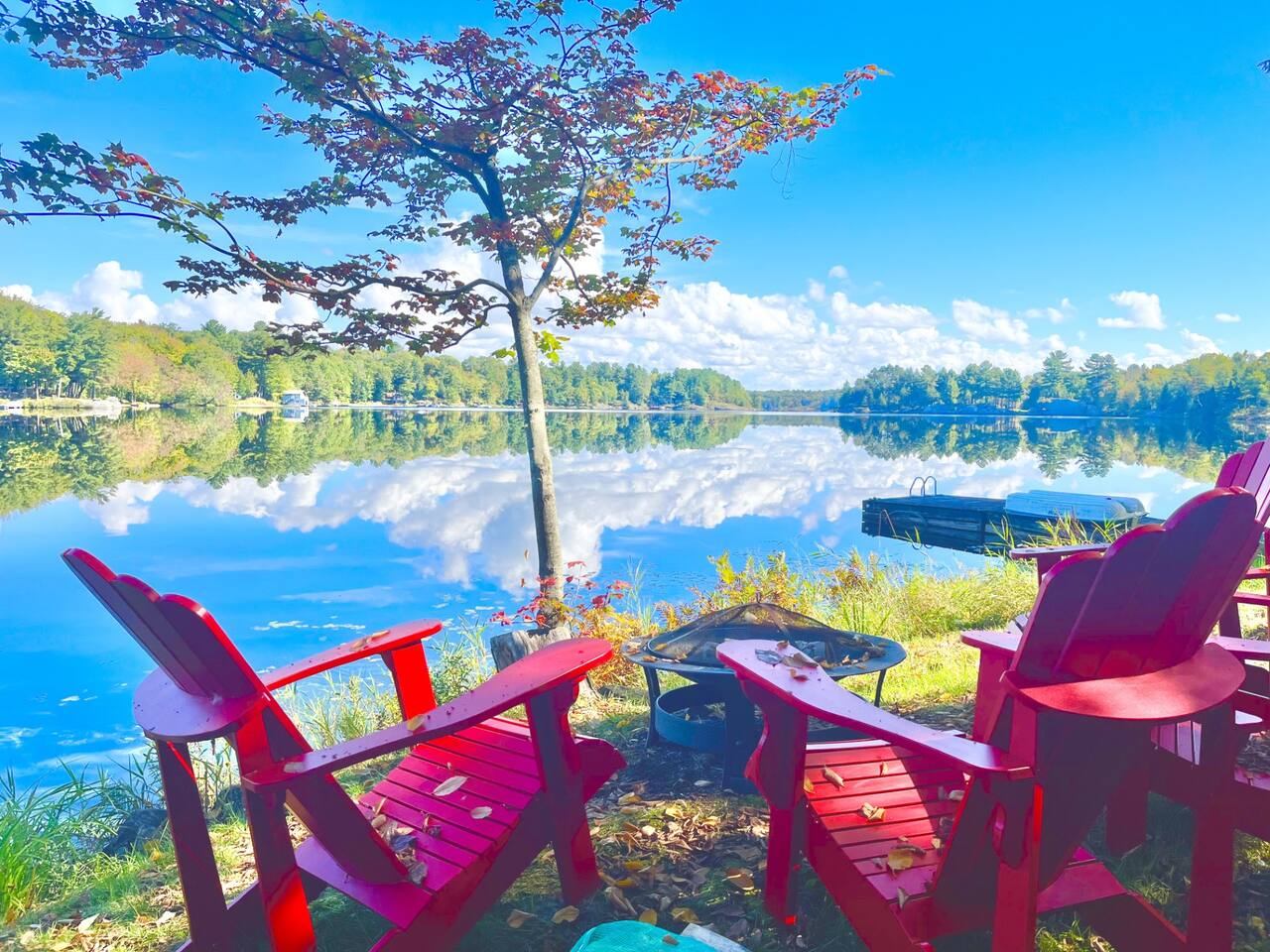Bedroom with fall lake view and comfortable queen bedding