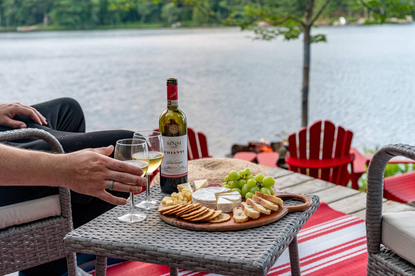 Bedroom with wine and cheese styled charcuterie board display